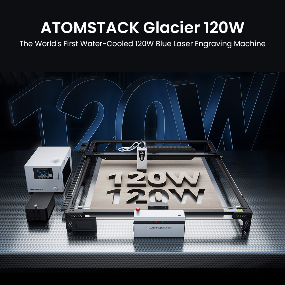 ATOMSTACK Glacier 120W wassergekühlter Diodenlaser-Gravierer, 455nm blauer Laser, 0,15 × 0,15mm Laserfleck, 800 × 800mm Arbeitsbereich, 20.000mm/min Geschwindigkeit, Turbomodus, Offline-Mehrmaschinensteuerung, KI-Bildgenerierung