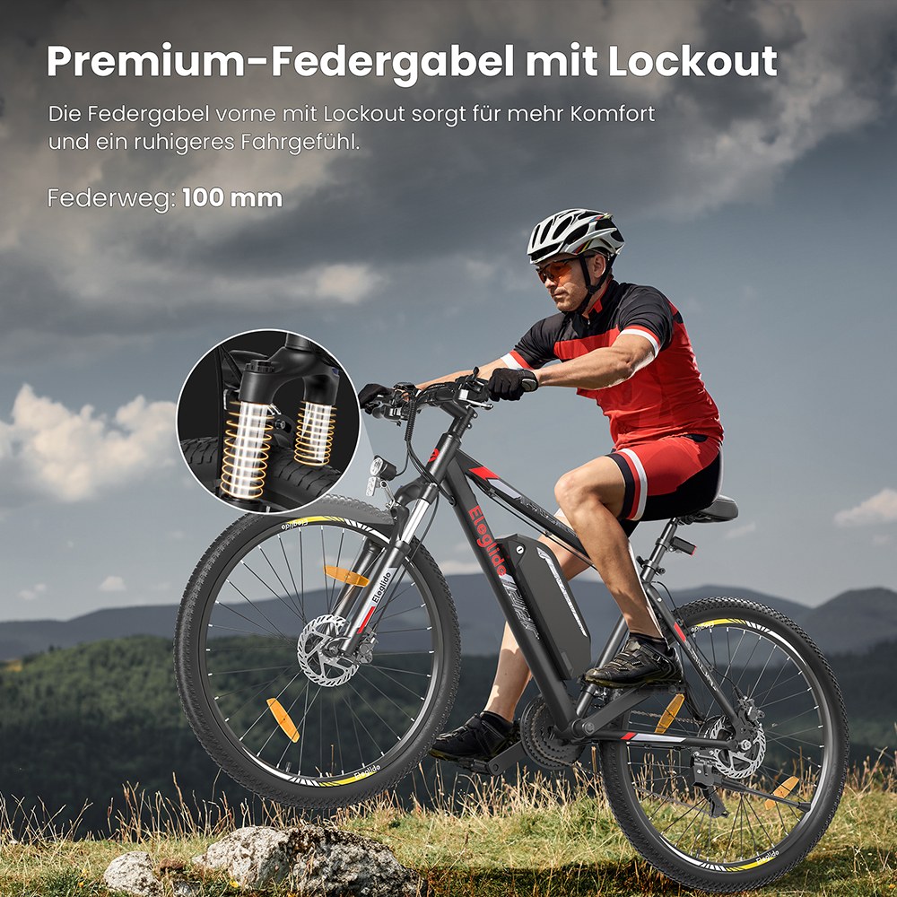 Eleglide Mopride 2 27,5 Zoll Elektro-Moped-Mountainbike, 250-W-Motor, 25 km/h Höchstgeschwindigkeit, 36V 18Ah Akku, bis zu 150 km Reichweite, Shimano 21-Gang-Schaltung, hydraulische Scheibenbremsen, Federgabel – Schwarz