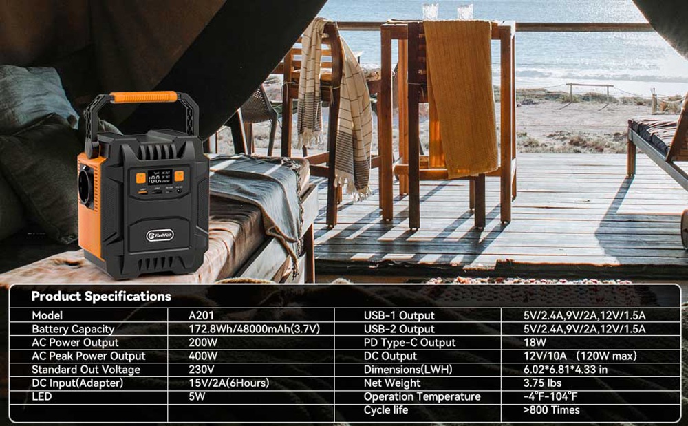 Flashfish A201 200W-os hordozható erőmű, 172,8 WH/48000mAh napelemes generátor, akkumulátorcsomag 220V AC aljzatokkal - EU csatlakozó