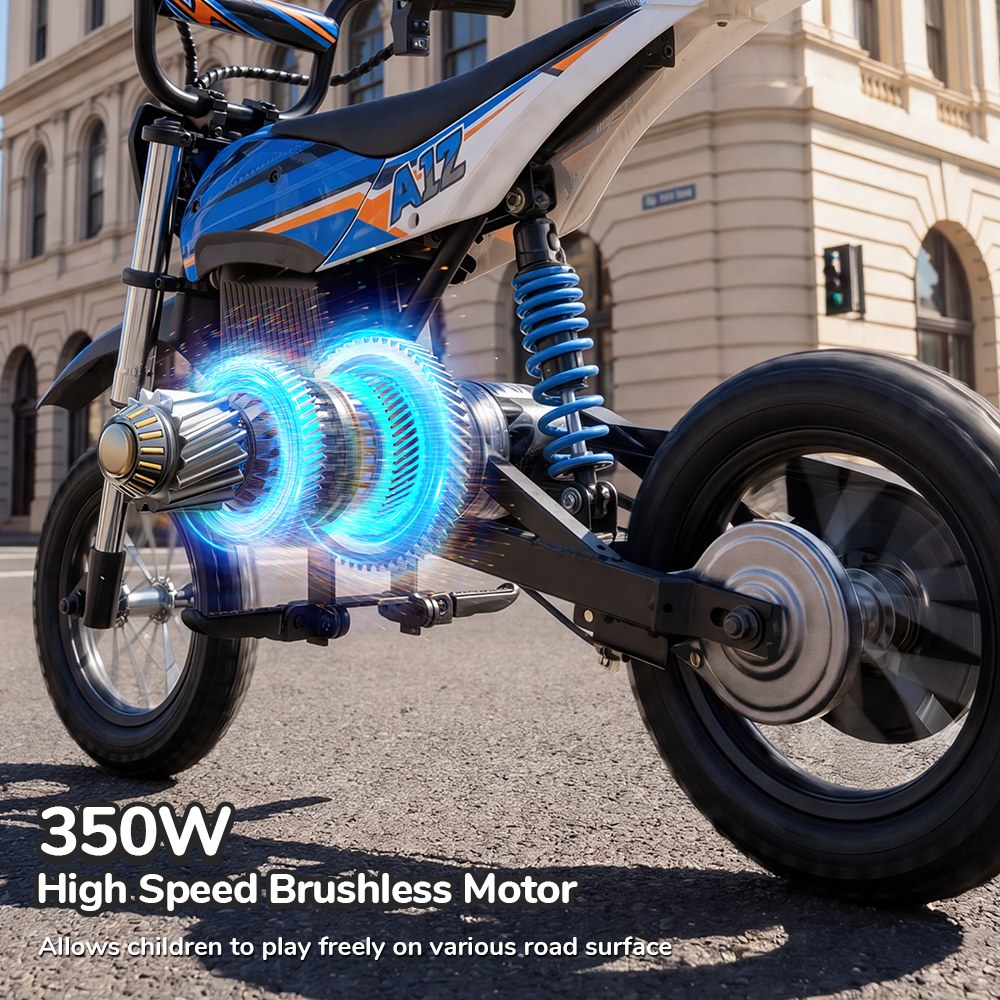 iScooter A12 Moto Tout-Terrain Électrique pour Enfants, Moteur 300W (350W en crête), Batterie 36V 4.5Ah, 25km/h, 20km d’autonomie, Pneu 12", Suspension avant et arrière, Frein à poignée et frein à disque arrière, 3 modes de vitesse - Bleu