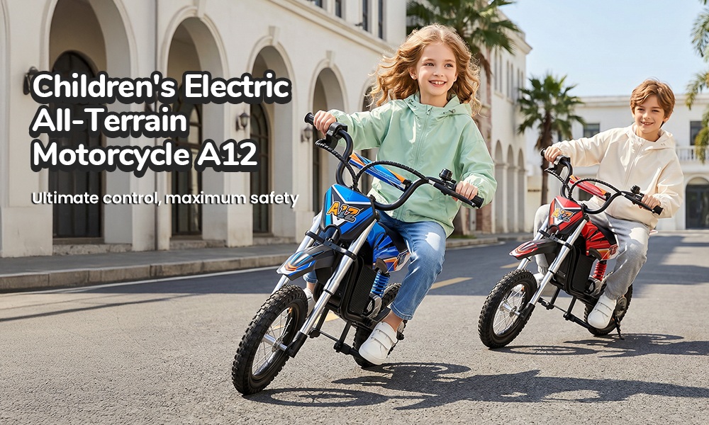 iScooter A12 Moto Tout-Terrain Électrique pour Enfants, Moteur 300W (350W en crête), Batterie 36V 4.5Ah, 25km/h, 20km d’autonomie, Pneu 12", Suspension avant et arrière, Frein à poignée et frein à disque arrière, 3 modes de vitesse - Bleu