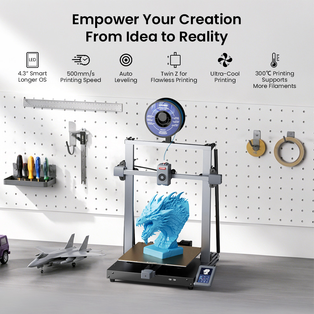 LONGER LK10 Plus 3D Printer, 500mm/s High Speed, 0.1mm Accuracy, 320×320×400mm Build Volume, Full Auto Leveling, 4.3-inch Touchscreen, Dual Z-Axis, 300°C Hotend, WiFi/LAN/USB Connectivity, High-Flow Direct Drive