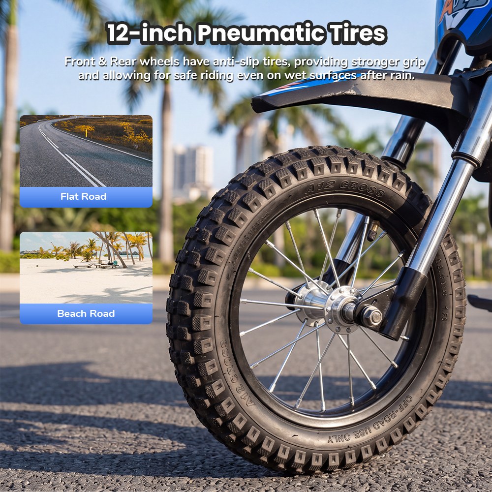 iScooter A12 Moto Tout-Terrain Électrique pour Enfants, Moteur 300W (350W en crête), Batterie 36V 4.5Ah, 25km/h, 20km d’autonomie, Pneu 12", Suspension avant et arrière, Frein à poignée et frein à disque arrière, 3 modes de vitesse - Bleu