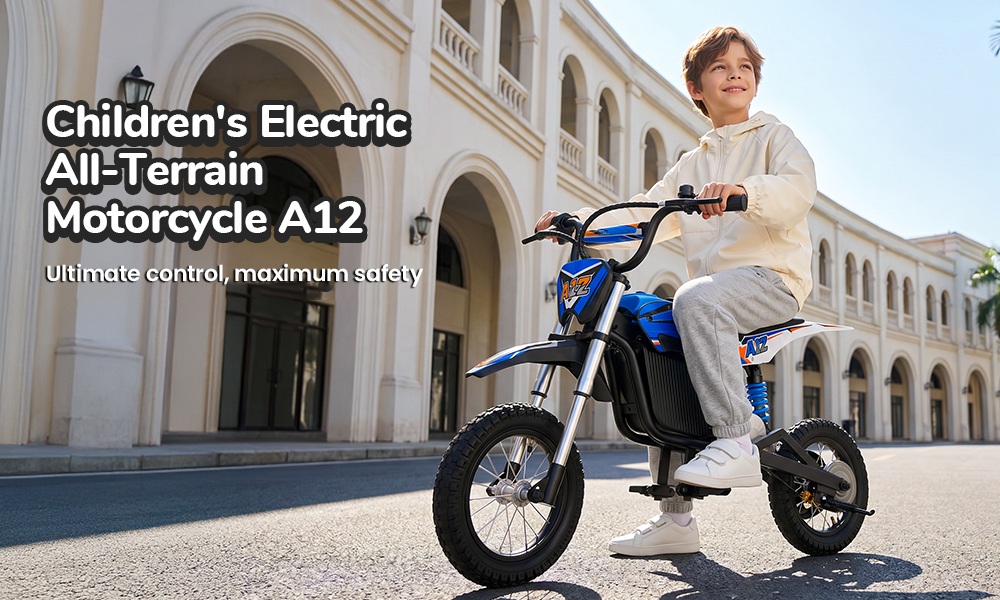 iScooter A12 Moto Tout-Terrain Électrique pour Enfants, Moteur 300W (350W en crête), Batterie 36V 4.5Ah, 25km/h, 20km d’autonomie, Pneu 12", Suspension avant et arrière, Frein à poignée et frein à disque arrière, 3 modes de vitesse - Bleu