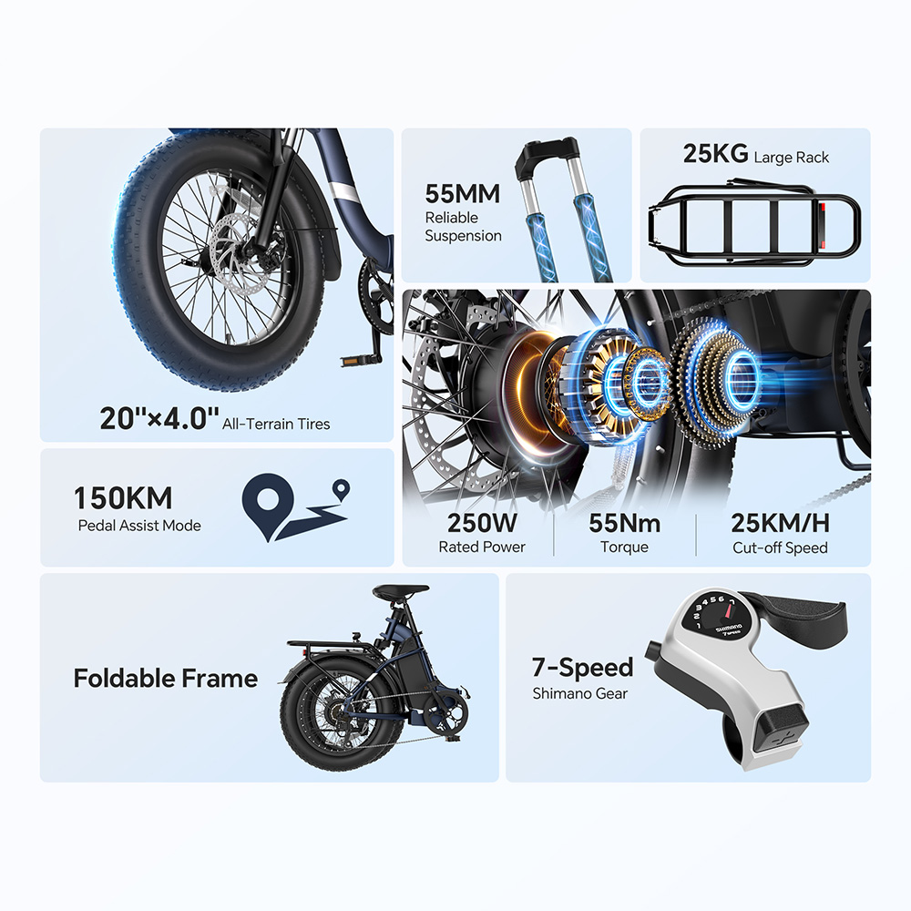 Touroll S2 Electric Bike, 650W Max Power, 48V 15Ah Battery, 20*4.0 inch Tire, 25km/h Max Speed, 150km Max Range, Mechanical Disc Brake & E-Brake, Mechanical Shock Absorber, Shimano 7-speed