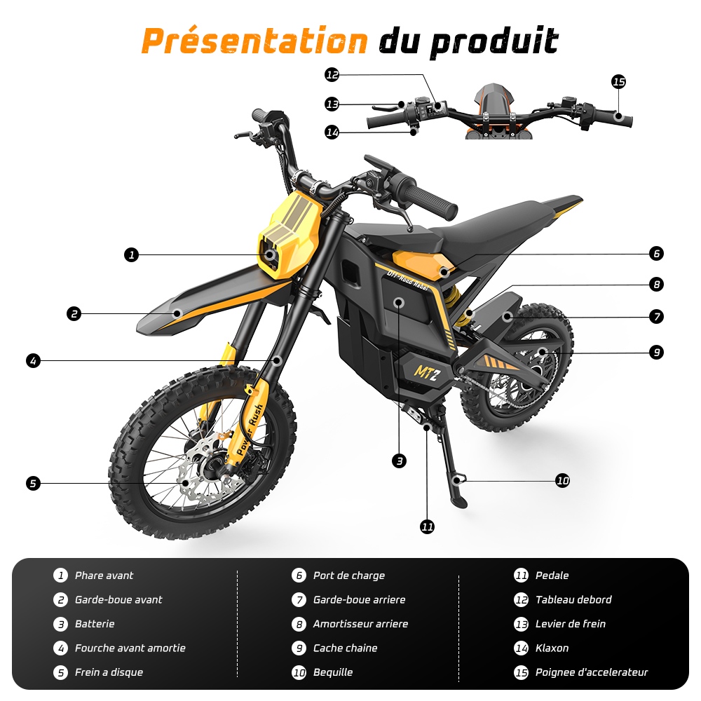 MT2 Moto Électrique, Puissance de Pointe 3000W, Batterie Amovible 48V 22,5Ah, Couple de 220Nm, Vitesse Max. 60km/h, Autonomie Jusqu'à 72km, Freins à Disque Hydrauliques, Suspension Hydraulique, Déverrouillage NFC - Jaune