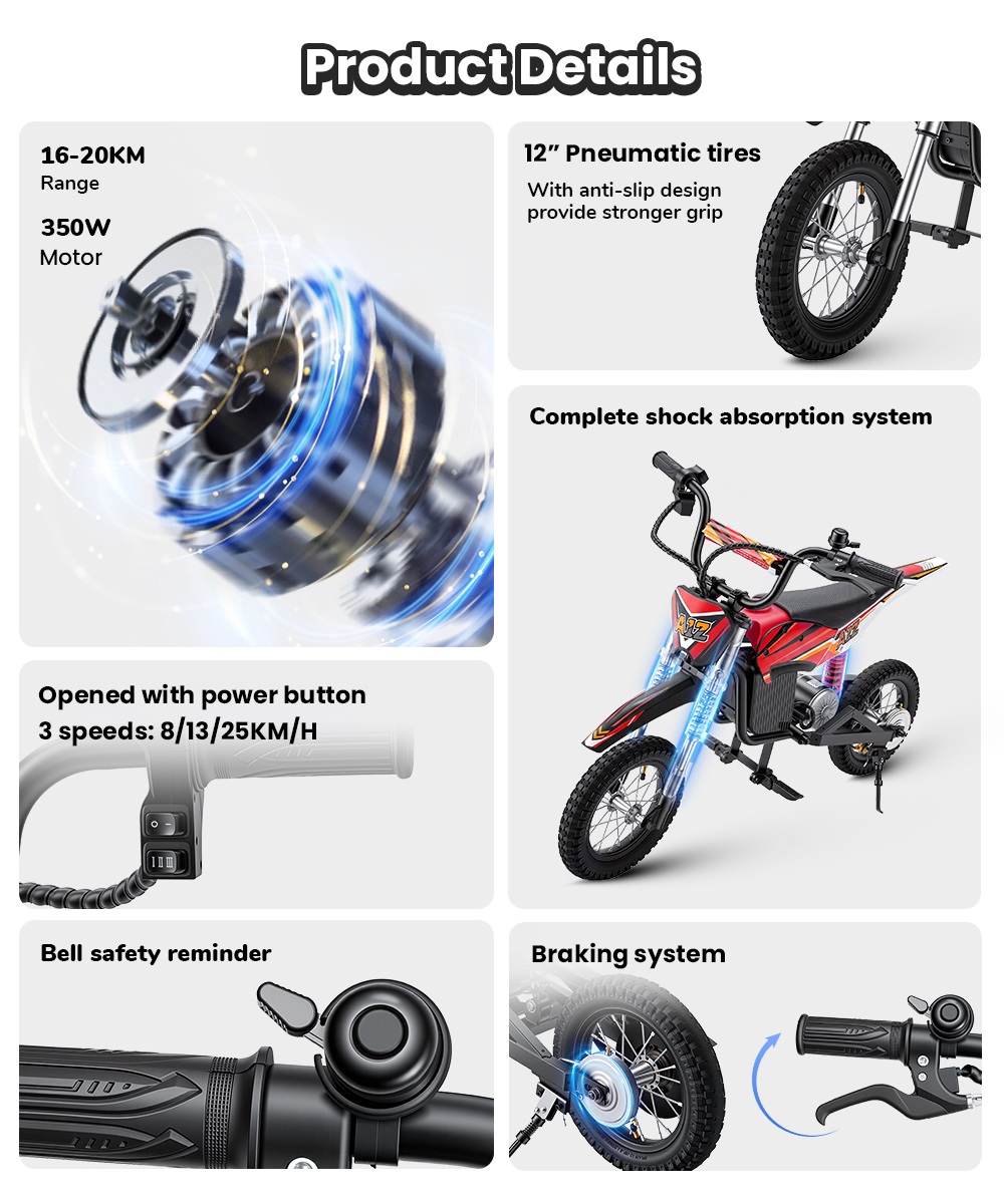 iScooter A12 Moto Tout-Terrain Électrique pour Enfants, Moteur 300W (350W en crête), Batterie 36V 4.5Ah, 25km/h, 20km d’autonomie, Pneu 12", Suspension avant et arrière, Frein à poignée et frein à disque arrière, 3 modes de vitesse - Rouge
