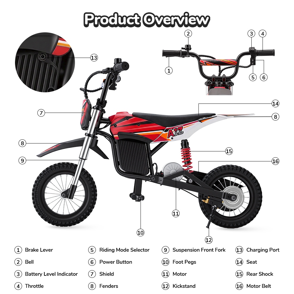 iScooter A12 Moto Tout-Terrain Électrique pour Enfants, Moteur 300W (350W en crête), Batterie 36V 4.5Ah, 25km/h, 20km d’autonomie, Pneu 12", Suspension avant et arrière, Frein à poignée et frein à disque arrière, 3 modes de vitesse - Rouge