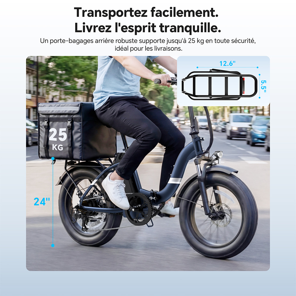 Touroll S2 Vélo électrique, puissance maximale de 650 W, batterie 48 V 15 Ah, pneu 20 x 4,0 pouces, vitesse maximale de 25 km/h, autonomie maximale de 150 km, frein à disque mécanique et frein électrique, amortisseur mécanique, Shimano 7 vitesses