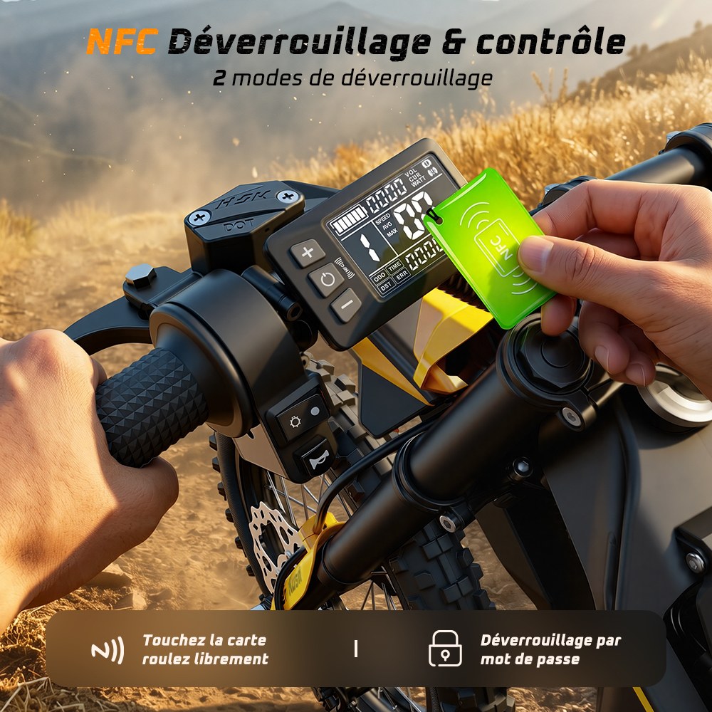 MT2 Moto Électrique, Puissance de Pointe 3000W, Batterie Amovible 48V 22,5Ah, Couple de 220Nm, Vitesse Max. 60km/h, Autonomie Jusqu'à 72km, Freins à Disque Hydrauliques, Suspension Hydraulique, Déverrouillage NFC - Jaune