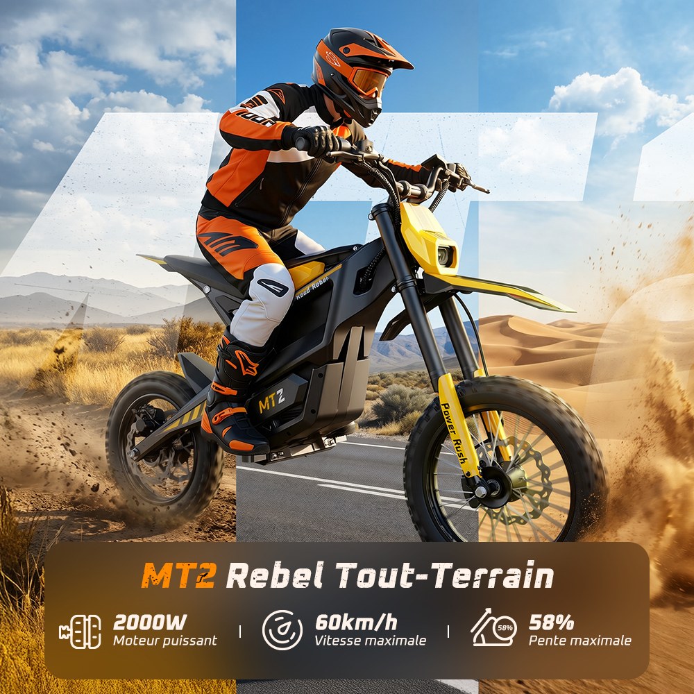 MT2 Moto Électrique, Puissance de Pointe 3000W, Batterie Amovible 48V 22,5Ah, Couple de 220Nm, Vitesse Max. 60km/h, Autonomie Jusqu'à 72km, Freins à Disque Hydrauliques, Suspension Hydraulique, Déverrouillage NFC - Jaune