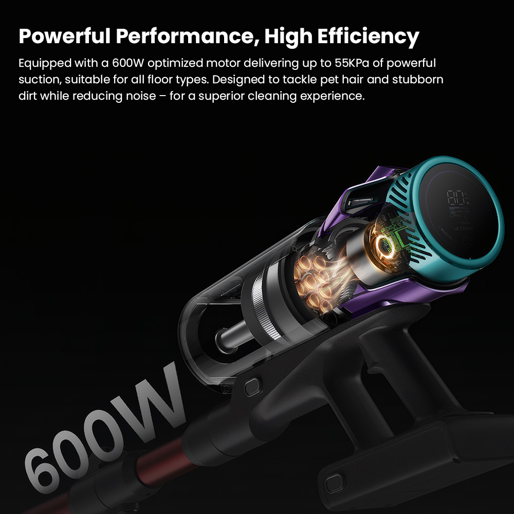 Ultenic U18 PowerPro vezeték nélküli porszívó, 55 kPa erős szívóerő, 600W-os motor, akár 80 perc üzemidő, gubancmentes hengerkefe, intelligens LED kijelző, 6 rétegű szűrés, falra szerelhető töltődokkoló állatszőr és kemény padlók eltávolításához
