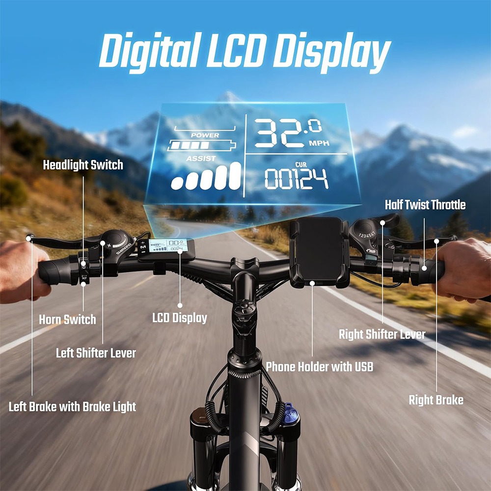 FENGQS Q8 Electric Bike, 750W Brushless Motor, 48V 17.5Ah Removable Battery, 50km/h Top Speed, 85km Max Range, 27.5-inch Fat Tire, Shimano 21-Speed Gear, Mechanical Disc Brakes - Black