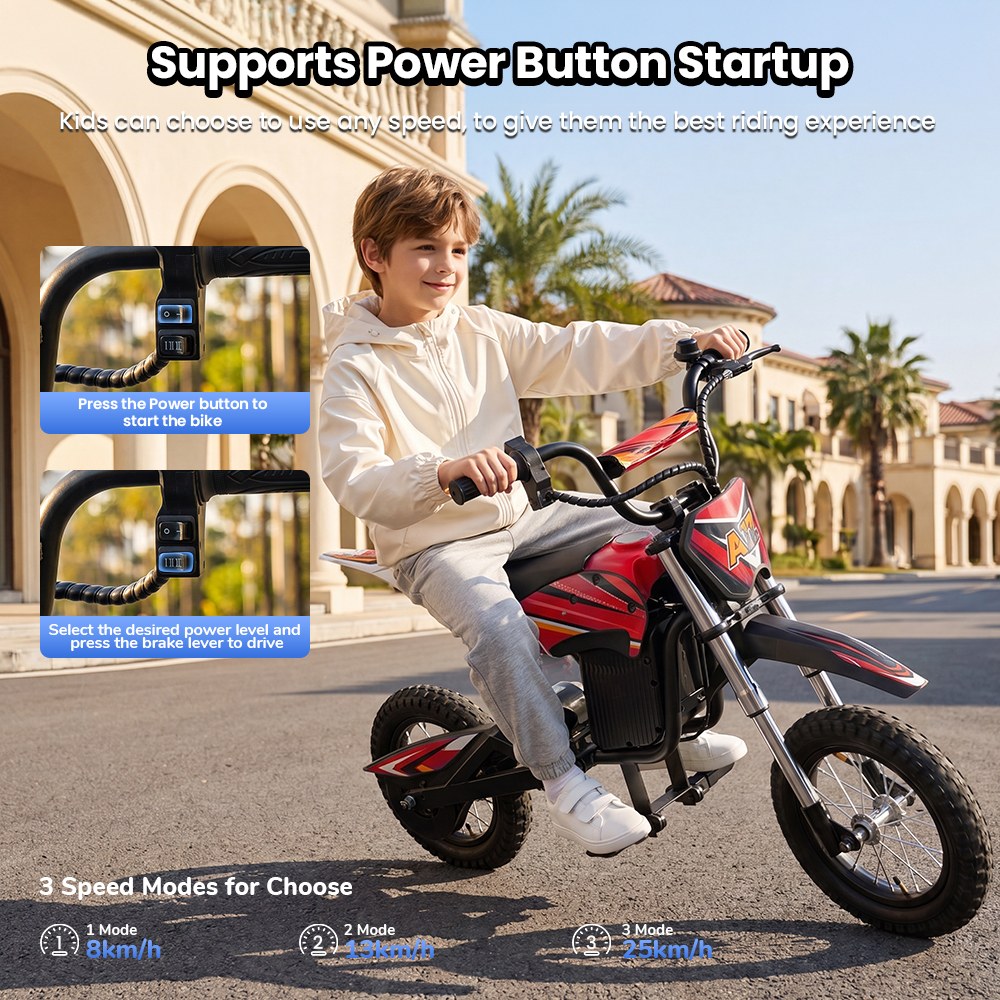 iScooter A12 Moto Tout-Terrain Électrique pour Enfants, Moteur 300W (350W en crête), Batterie 36V 4.5Ah, 25km/h, 20km d’autonomie, Pneu 12", Suspension avant et arrière, Frein à poignée et frein à disque arrière, 3 modes de vitesse - Rouge