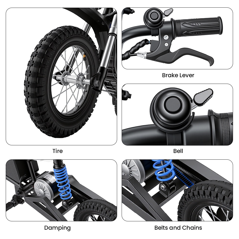 iScooter A12 Moto Tout-Terrain Électrique pour Enfants, Moteur 300W (350W en crête), Batterie 36V 4.5Ah, 25km/h, 20km d’autonomie, Pneu 12", Suspension avant et arrière, Frein à poignée et frein à disque arrière, 3 modes de vitesse - Bleu