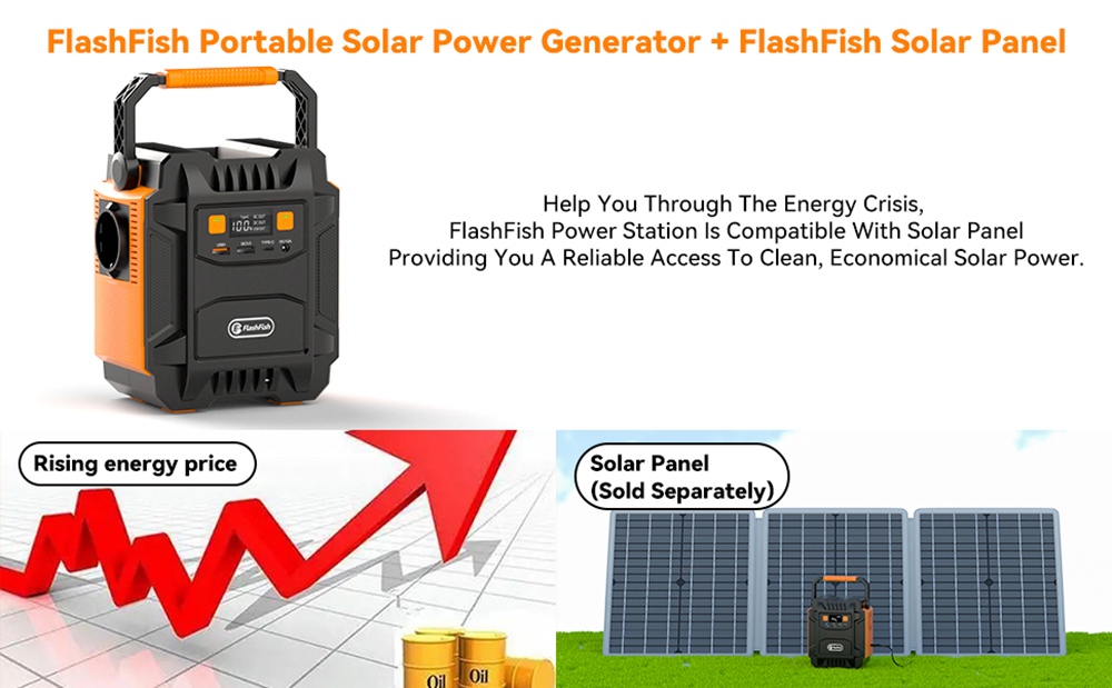 Flashfish A201 Centrale électrique portable 200 W, générateur solaire 172,8 WH/48 000 mAh, batterie de secours avec prises 220 V CA - Prise UE