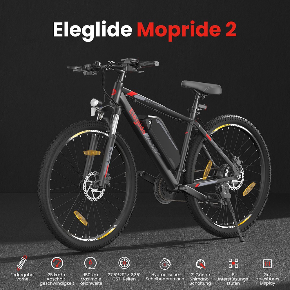 Eleglide Mopride 2 27,5 Zoll Elektro-Moped-Mountainbike, 250-W-Motor, 25 km/h Höchstgeschwindigkeit, 36V 18Ah Akku, bis zu 150 km Reichweite, Shimano 21-Gang-Schaltung, hydraulische Scheibenbremsen, Federgabel – Schwarz