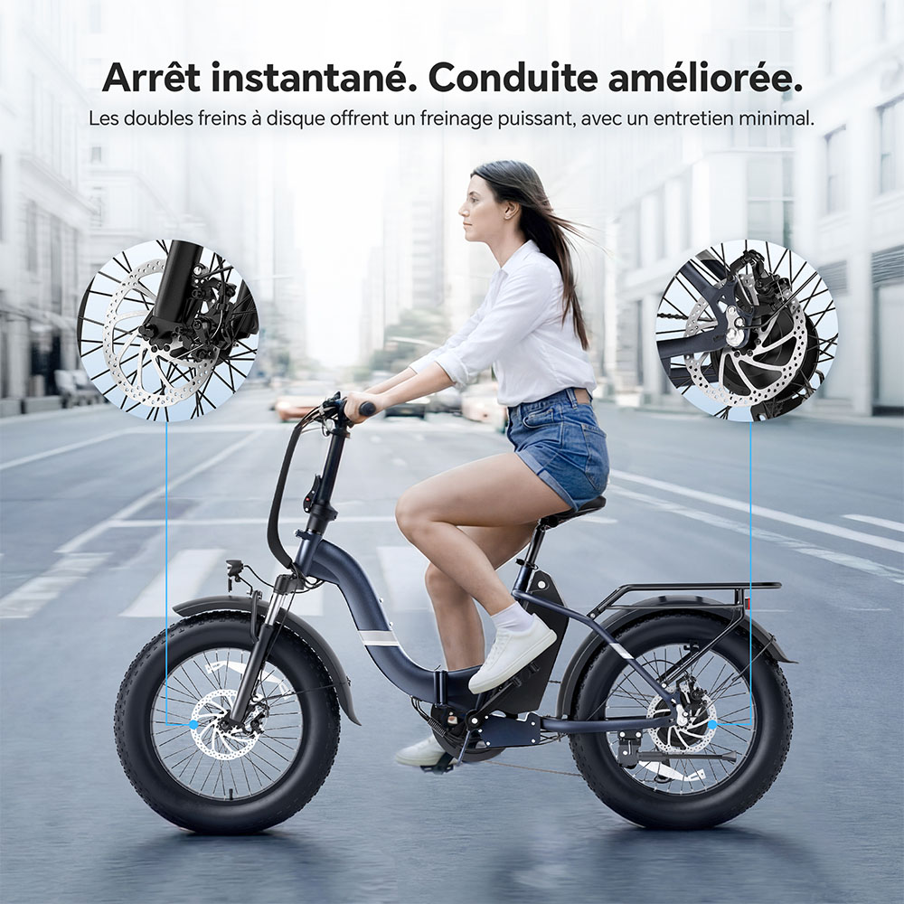 Touroll S2 Vélo électrique, puissance maximale de 650 W, batterie 48 V 15 Ah, pneu 20 x 4,0 pouces, vitesse maximale de 25 km/h, autonomie maximale de 150 km, frein à disque mécanique et frein électrique, amortisseur mécanique, Shimano 7 vitesses