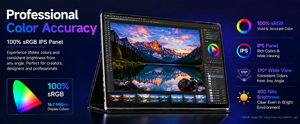 Moniteur portable ALLIWAVA P16 Pro, écran IPS 16 pouces 2,5K QHD+ (2560 × 1600), taux de rafraîchissement de 144 Hz, couverture colorimétrique sRGB de 100 %, luminosité de 400 nits, angle de vision large de 170°, AMD FreeSync, double port USB-C et mini HDMI, compatible avec ordinateurs portables, MacBook, mini PC, Switch et PS5.