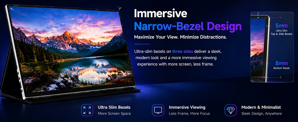 Moniteur portable ALLIWAVA P16 Pro, écran IPS 16 pouces 2,5K QHD+ (2560 × 1600), taux de rafraîchissement de 144 Hz, couverture colorimétrique sRGB de 100 %, luminosité de 400 nits, angle de vision large de 170°, AMD FreeSync, double port USB-C et mini HDMI, compatible avec ordinateurs portables, MacBook, mini PC, Switch et PS5.