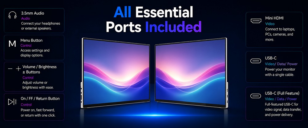 Moniteur portable ALLIWAVA P16 Pro, écran IPS 16 pouces 2,5K QHD+ (2560 × 1600), taux de rafraîchissement de 144 Hz, couverture colorimétrique sRGB de 100 %, luminosité de 400 nits, angle de vision large de 170°, AMD FreeSync, double port USB-C et mini HDMI, compatible avec ordinateurs portables, MacBook, mini PC, Switch et PS5.