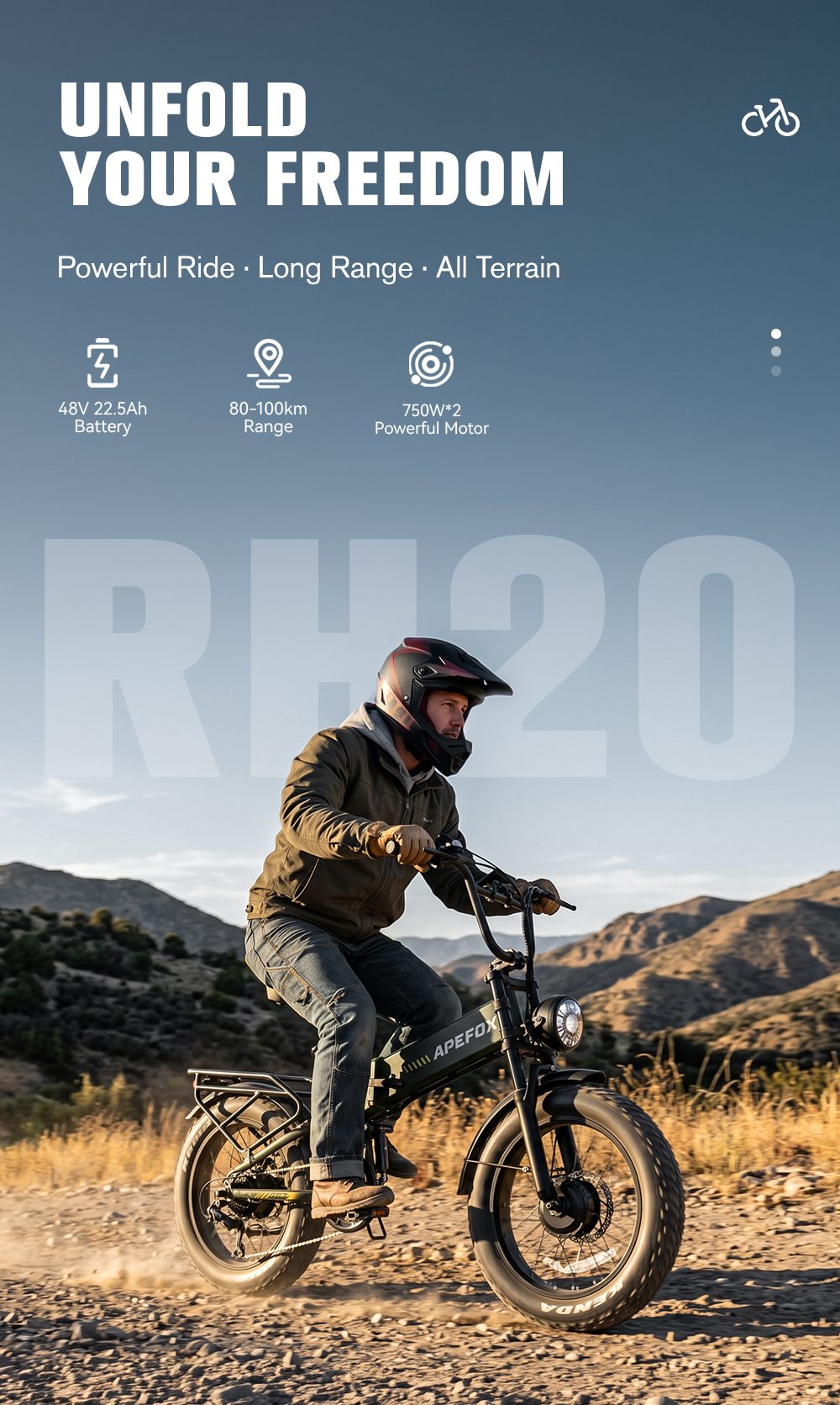 APEFOX RH20 Faltbares Elektrofahrrad, zwei 750-W-Nabenmotoren, 48-V-22,5-Ah-Lithium-Akku, 50 km/h Höchstgeschwindigkeit, 100 km Reichweite, 20×4,0