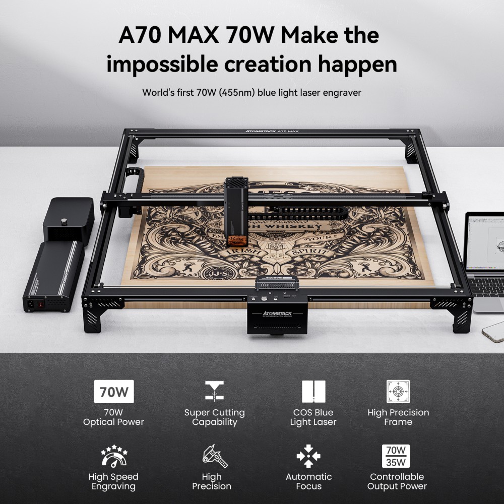 ATOMSTACK A70 MAX 70W Laser Engraver Cutter, 800×850mm Working Area, 400mm/s Speed, 0.02mm Precision, One-Click Auto Focus, Offline Touchscreen Control, Intelligent Air Assist, Dual-Rail Motion System, Flame Detection, Power-Loss Resume