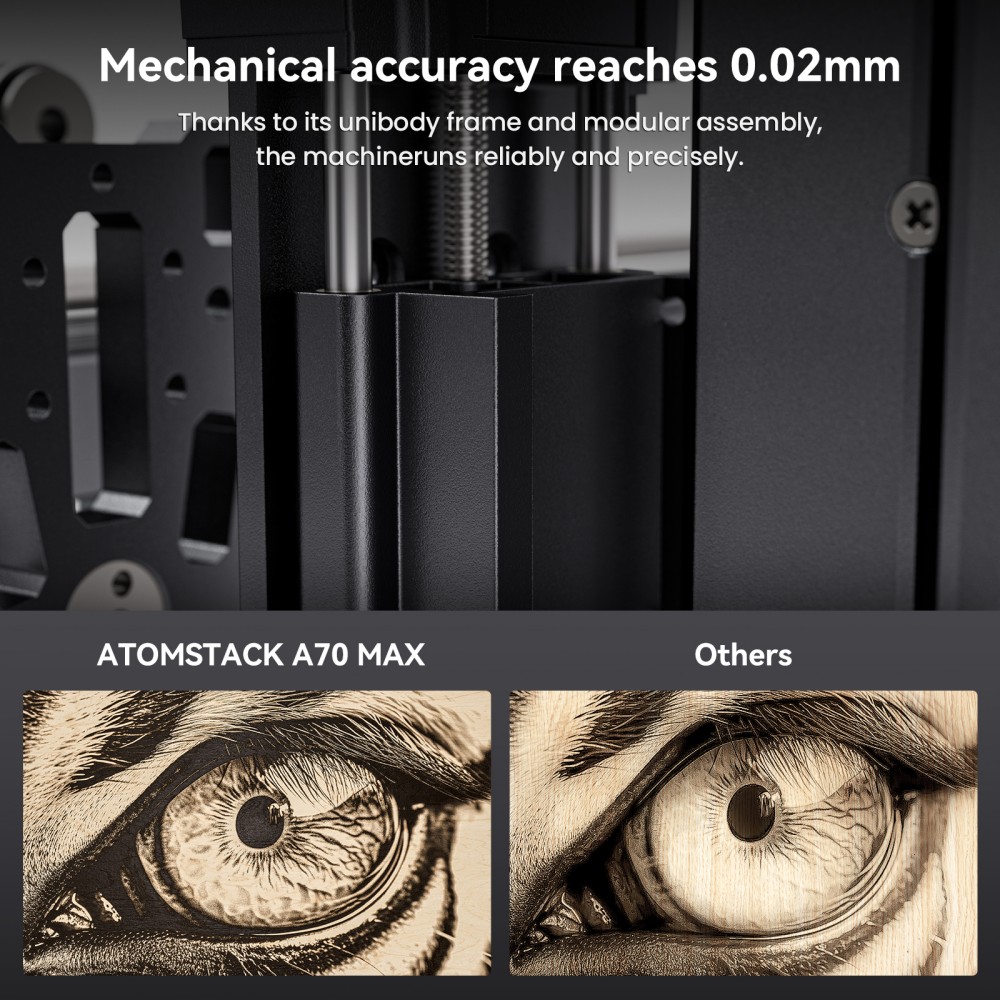ATOMSTACK A70 MAX 70W Laser Engraver Cutter, 800×850mm Working Area, 400mm/s Speed, 0.02mm Precision, One-Click Auto Focus, Offline Touchscreen Control, Intelligent Air Assist, Dual-Rail Motion System, Flame Detection, Power-Loss Resume