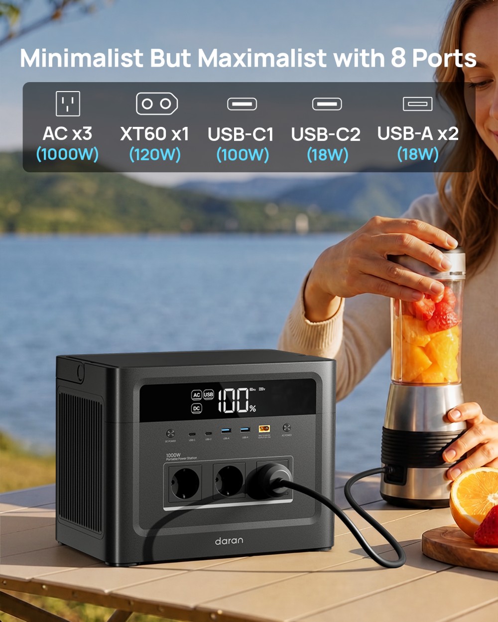 DaranEner Cubus1000 Max Tragbare Powerstation, 1152Wh LiFePO4-Akku, 1000W Sinusausgangsleistung, 2000W Spitzenleistung, 300W Solareingang, 100W USB-C PD, XT60-Ausgang, MPPT, BMS, USV, über 3500 Ladezyklen