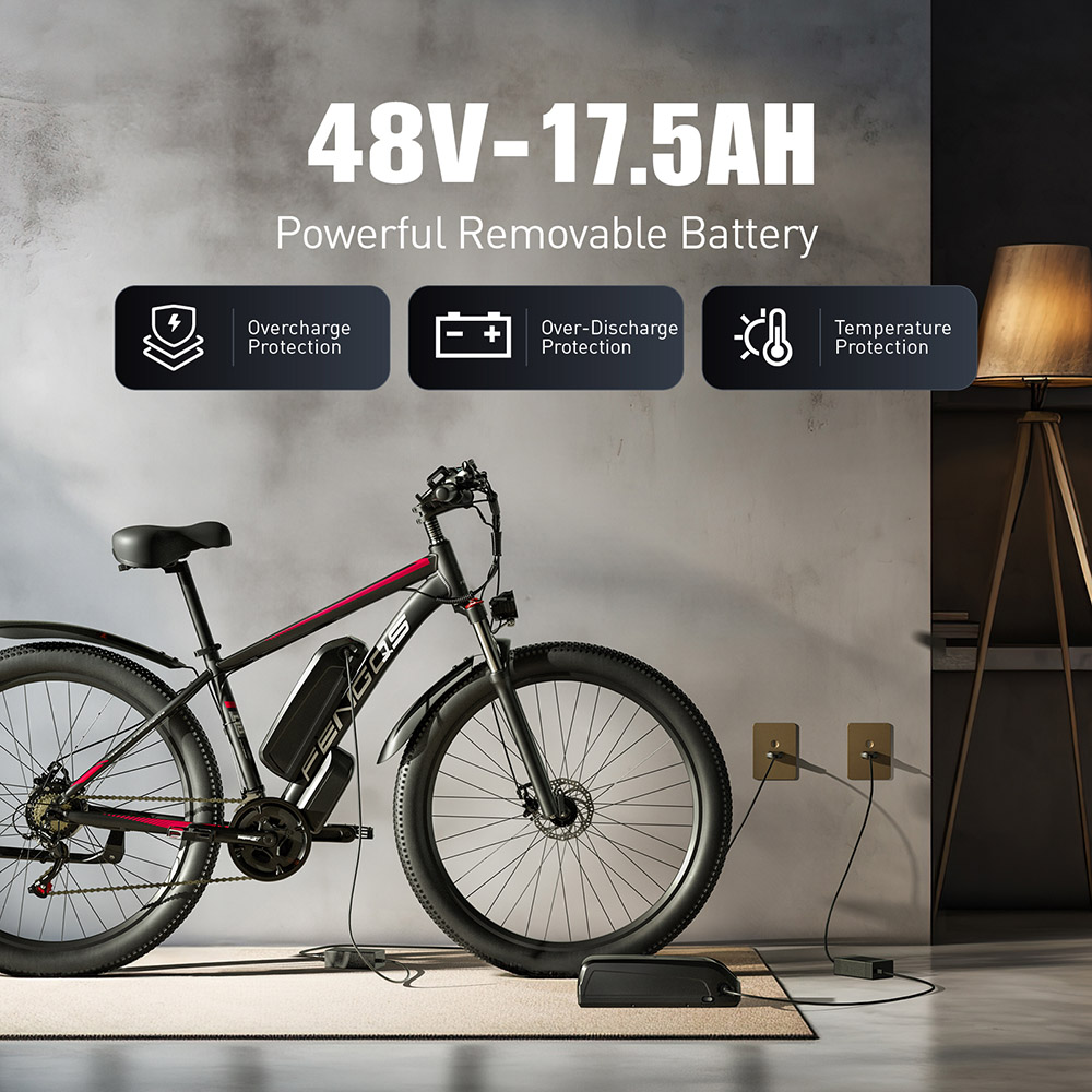 FENGOS Q8 Electric Bike, 750W Brushless Motor, 48V 17.5Ah Removable Battery, 50km/h Top Speed, 85km Max Range, 27.5-inch Fat Tire, Shimano 21-Speed Gear, Mechanical Disc Brakes - Black