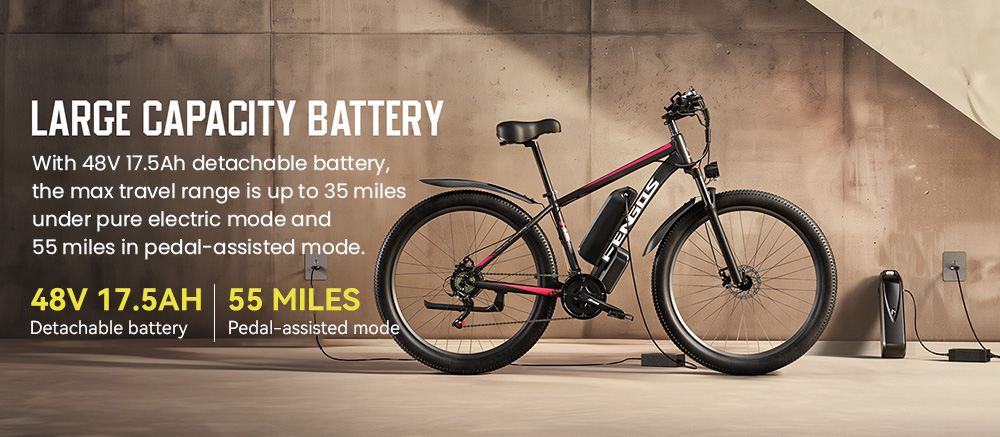 FENGOS Q8 Electric Bike, 750W Brushless Motor, 48V 17.5Ah Removable Battery, 50km/h Top Speed, 85km Max Range, 27.5-inch Fat Tire, Shimano 21-Speed Gear, Mechanical Disc Brakes - Black