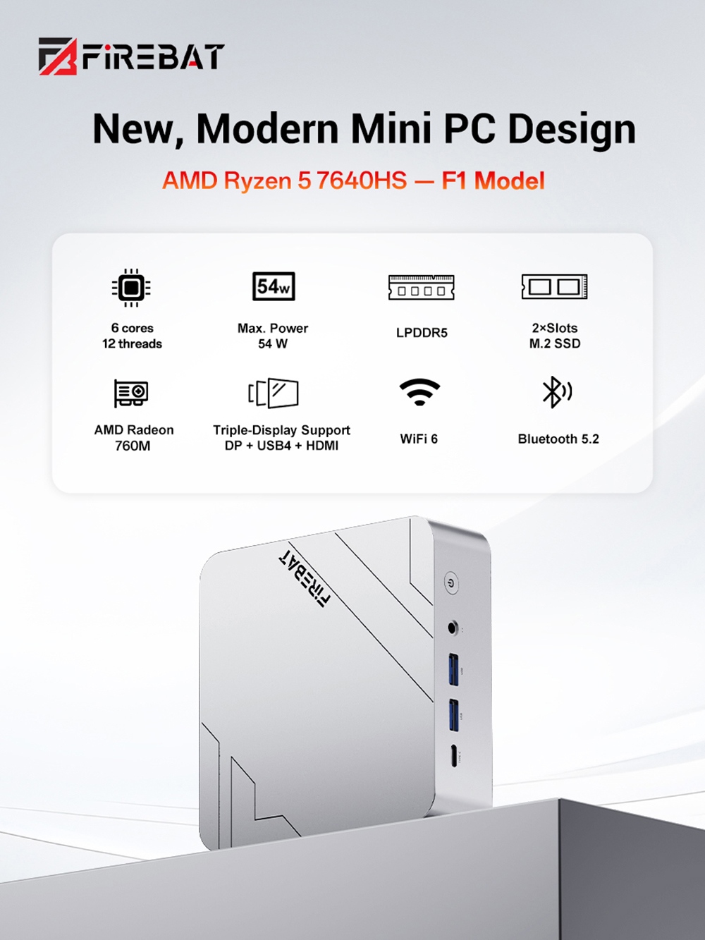 Mini PC FIREBAT F1, processeur AMD Ryzen 5 7640HS (6 cœurs, 12 threads jusqu'à 5 GHz), carte graphique AMD Radeon 760M, 24 Go de RAM LPDDR5, SSD de 512 Go, USB 4.0 (40 Gbit/s), triple sortie vidéo 4K (DP + HDMI + Type-C), Wi-Fi 6, Bluetooth 5.2, LAN RJ45 2,5 GHz, double extension SSD M.2