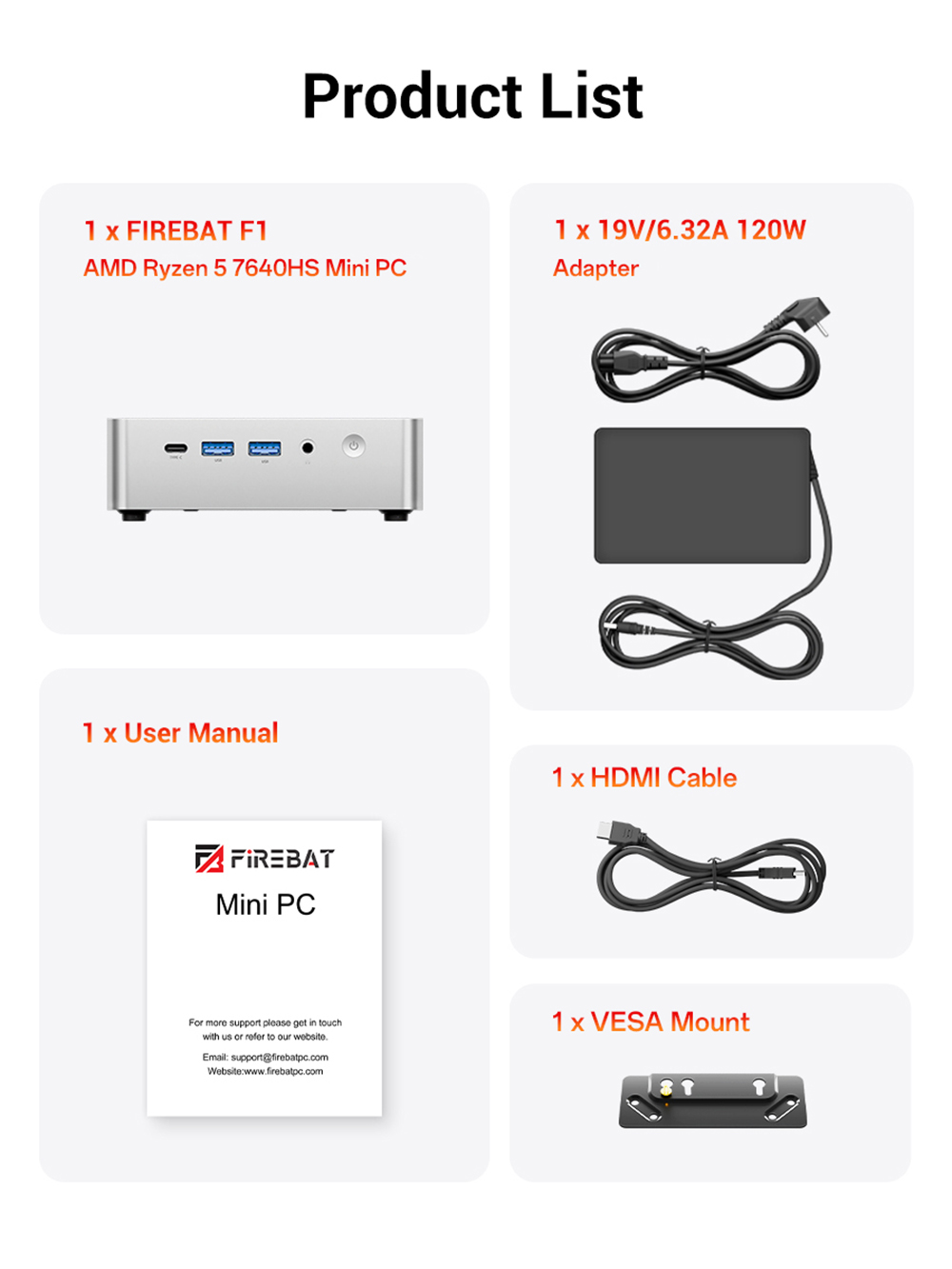 Mini PC FIREBAT F1, processeur AMD Ryzen 5 7640HS (6 cœurs, 12 threads jusqu'à 5 GHz), carte graphique AMD Radeon 760M, 24 Go de RAM LPDDR5, SSD de 512 Go, USB 4.0 (40 Gbit/s), triple sortie vidéo 4K (DP + HDMI + Type-C), Wi-Fi 6, Bluetooth 5.2, LAN RJ45 2,5 GHz, double extension SSD M.2