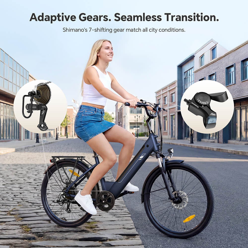 Foride Roamer 2 Step-Thru Electric Bike, 250W Motor, 36V 15.6Ah Battery, 26'×1.75' Tires, 25km/h Max Speed, 100km Max Range, Mechanical Disc Brake & E-Brake, Front Suspension, Shimano 7-speed, 120kg Max Load