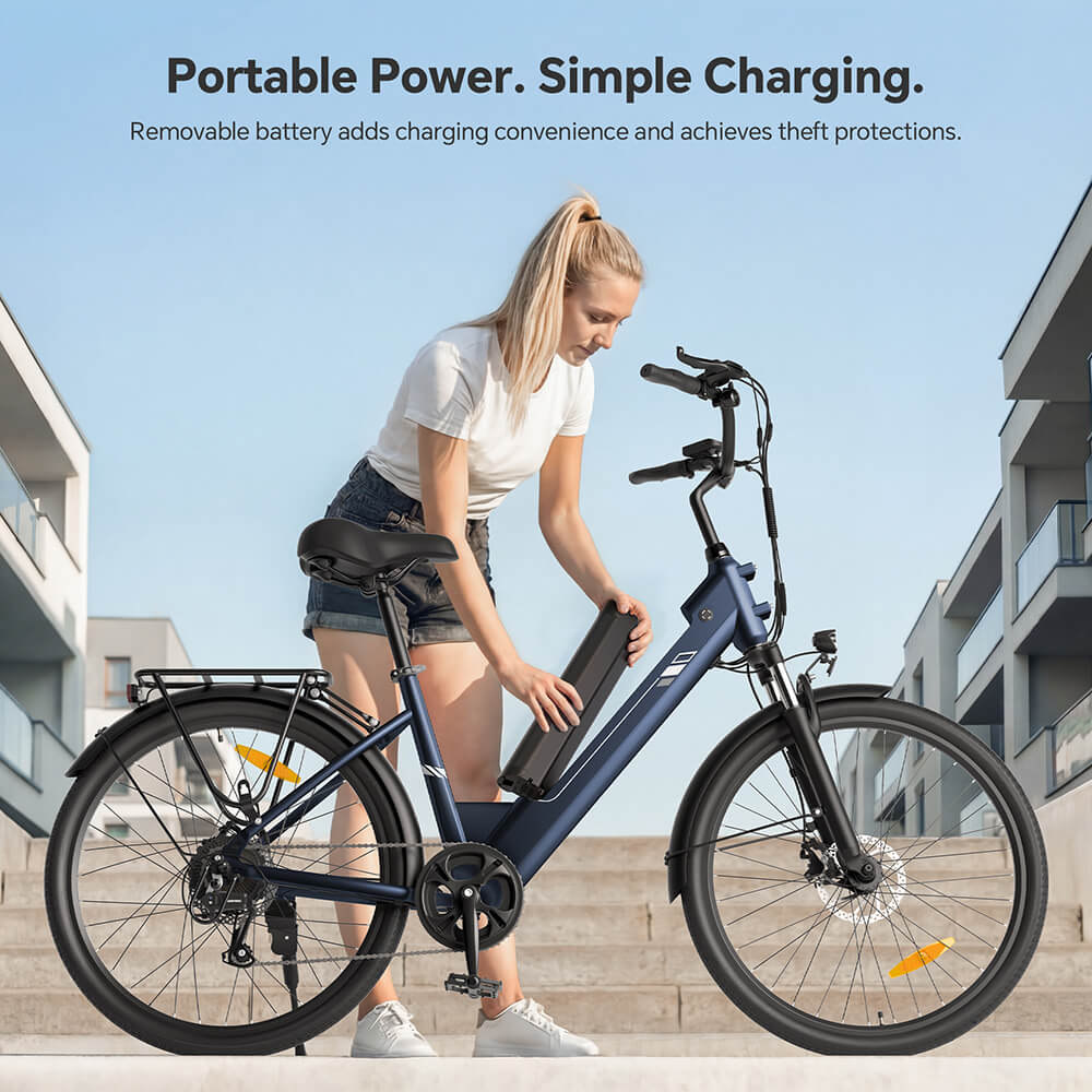 Foride Roamer 2 Step-Thru Electric Bike, 250W Motor, 36V 15.6Ah Battery, 26'×1.75' Tires, 25km/h Max Speed, 100km Max Range, Mechanical Disc Brake & E-Brake, Front Suspension, Shimano 7-speed, 120kg Max Load