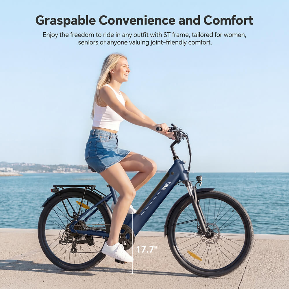 Foride Roamer 2 Step-Thru Electric Bike, 250W Motor, 36V 15.6Ah Battery, 26'×1.75' Tires, 25km/h Max Speed, 100km Max Range, Mechanical Disc Brake & E-Brake, Front Suspension, Shimano 7-speed, 120kg Max Load