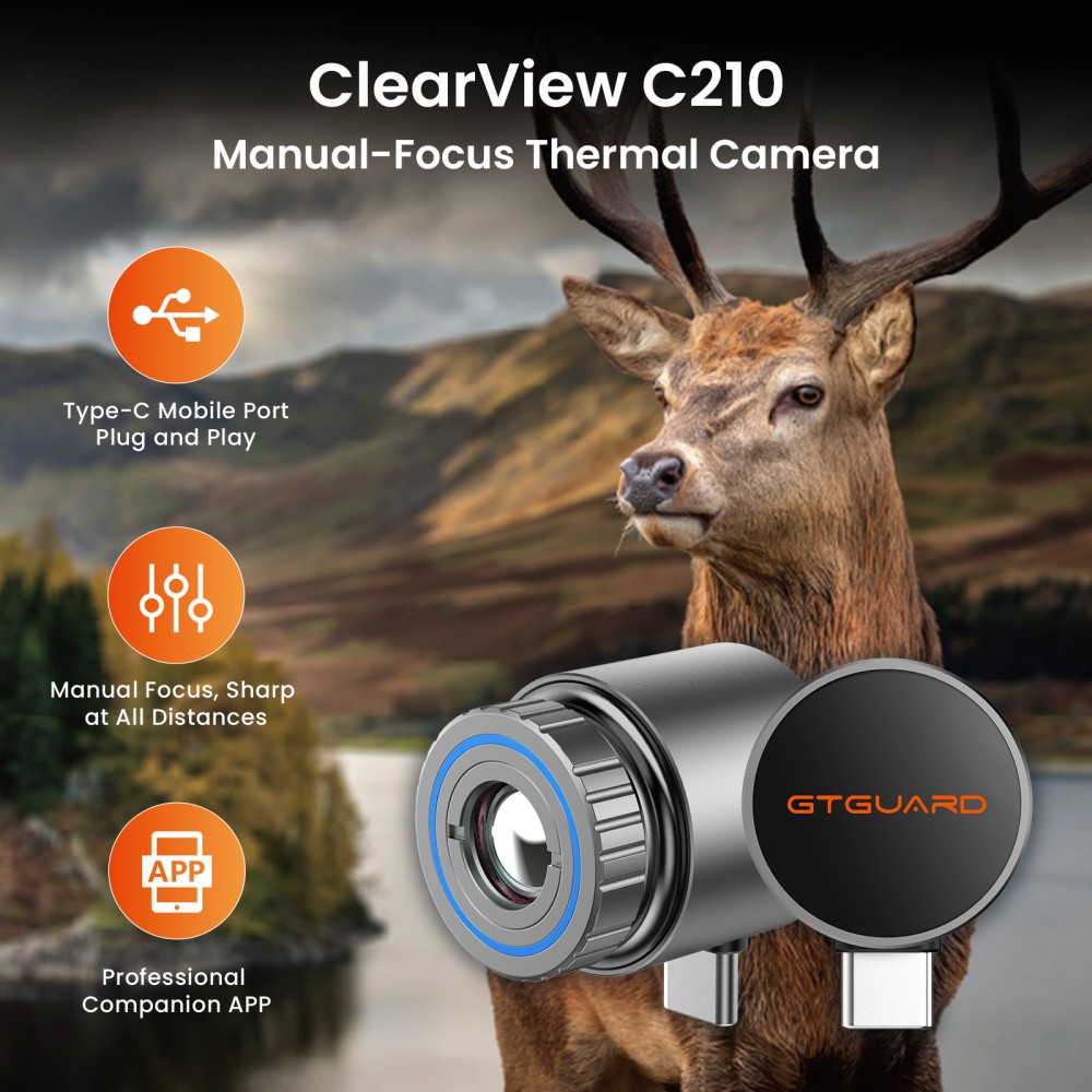 GTGUARD ClearView C210 Wärmebildkamera für Mobiltelefone, 256×192 IR-Auflösung, 512×384 Superauflösung, ≤40mK NETD, 50Hz Bildwiederholfrequenz, 8× Digitalzoom, 17,5°×13,1° Sichtfeld, USB-C-Schnittstelle