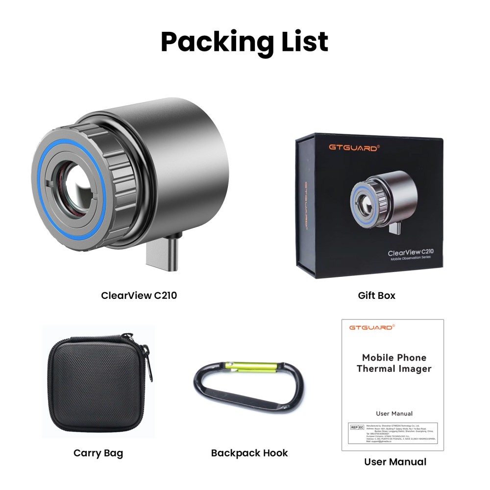 GTGUARD ClearView C210 Wärmebildkamera für Mobiltelefone, 256×192 IR-Auflösung, 512×384 Superauflösung, ≤40mK NETD, 50Hz Bildwiederholfrequenz, 8× Digitalzoom, 17,5°×13,1° Sichtfeld, USB-C-Schnittstelle