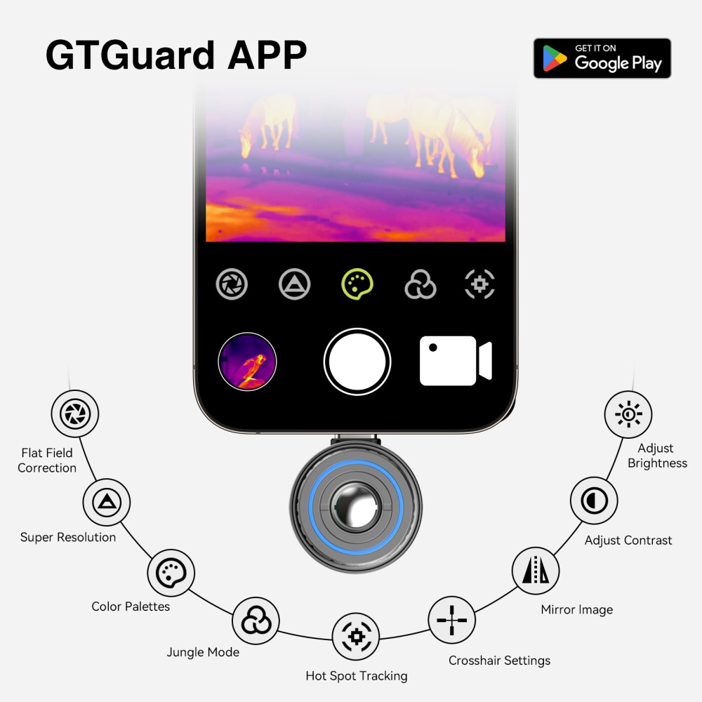 GTGUARD ClearView C210 Wärmebildkamera für Mobiltelefone, 256×192 IR-Auflösung, 512×384 Superauflösung, ≤40mK NETD, 50Hz Bildwiederholfrequenz, 8× Digitalzoom, 17,5°×13,1° Sichtfeld, USB-C-Schnittstelle