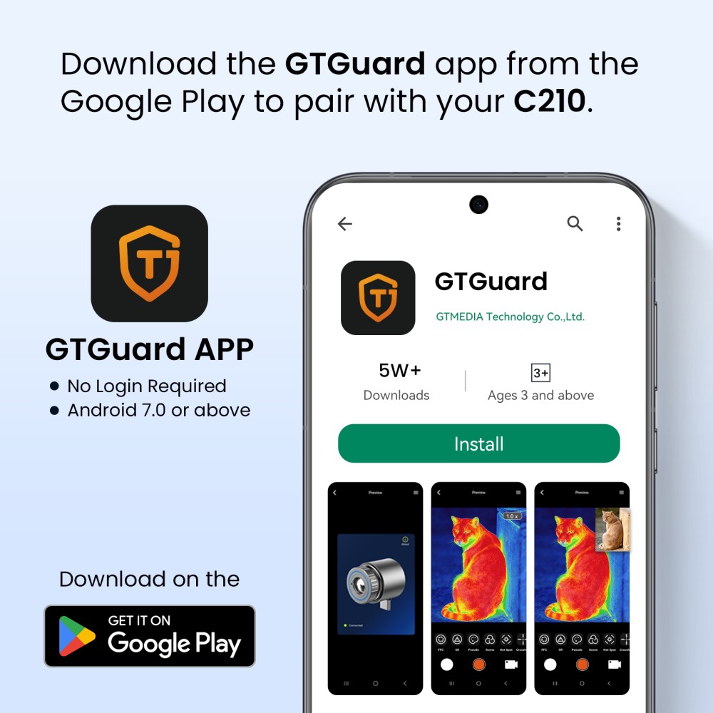 GTGUARD ClearView C210 Wärmebildkamera für Mobiltelefone, 256×192 IR-Auflösung, 512×384 Superauflösung, ≤40mK NETD, 50Hz Bildwiederholfrequenz, 8× Digitalzoom, 17,5°×13,1° Sichtfeld, USB-C-Schnittstelle