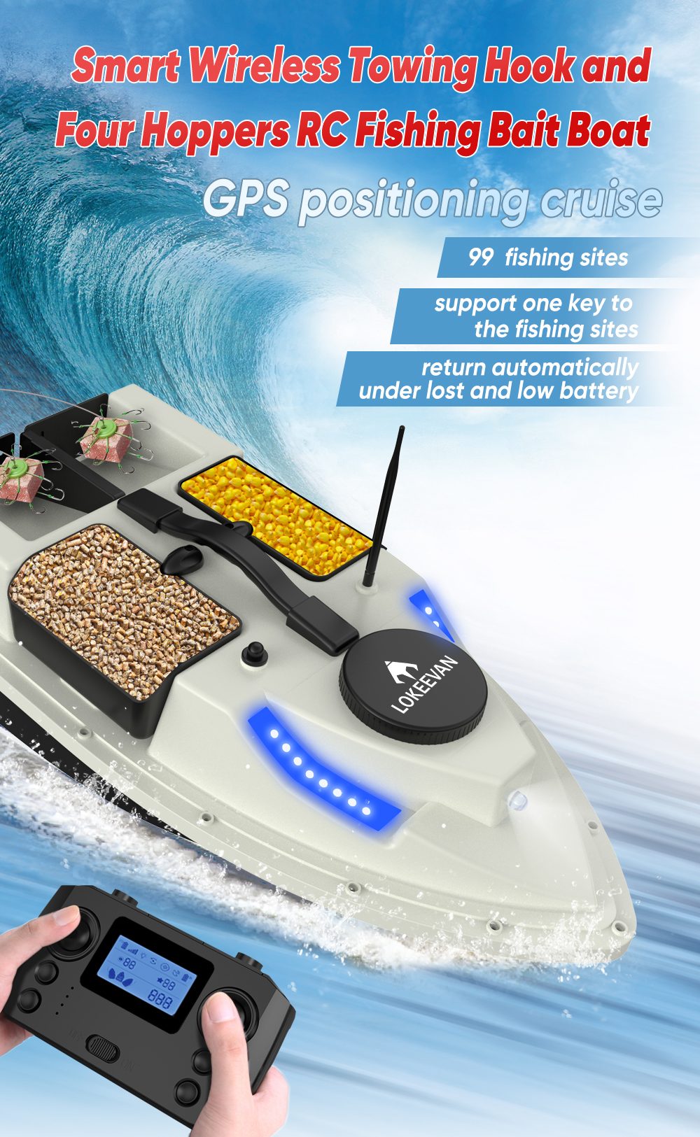 LOKEEVAN D19 GPS-Futterboot mit Fernbedienung, 500 m Reichweite, 99 GPS-Angelplätze, 4 Futterbehälter, 2 kg Tragkraft, zwei leise Motoren, 2–8 Stunden Laufzeit, automatischer Rückfahrmodus