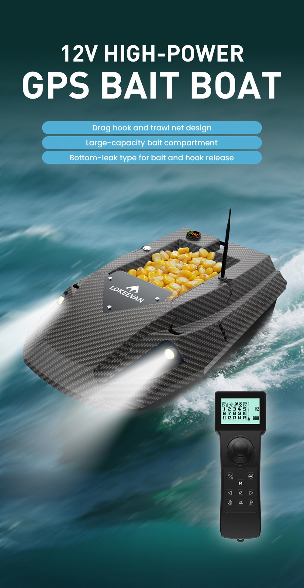 LOKEEVAN D50B GPS RC Fishing Bait Boat, 12V Dual High-Torque Motor, GPS + Beidou Positioning, 500m Remote Control, 2kg Bait Hopper, Dual 15600mAh Battery, Auto Return, Trawl Net & Drag Hook Support - Black