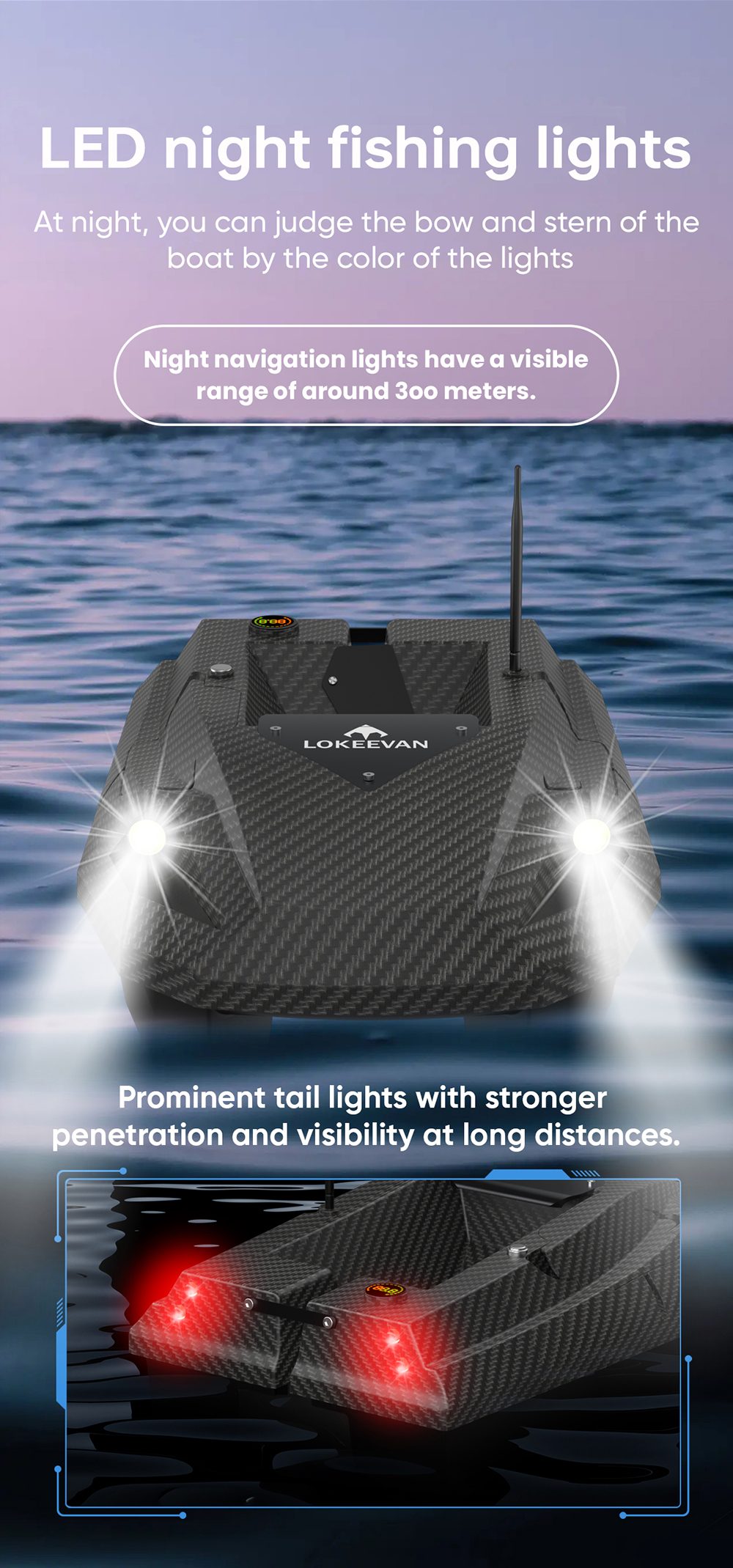 LOKEEVAN D50B GPS RC Fishing Bait Boat, 12V Dual High-Torque Motor, GPS + Beidou Positioning, 500m Remote Control, 2kg Bait Hopper, Dual 15600mAh Battery, Auto Return, Trawl Net & Drag Hook Support - Black