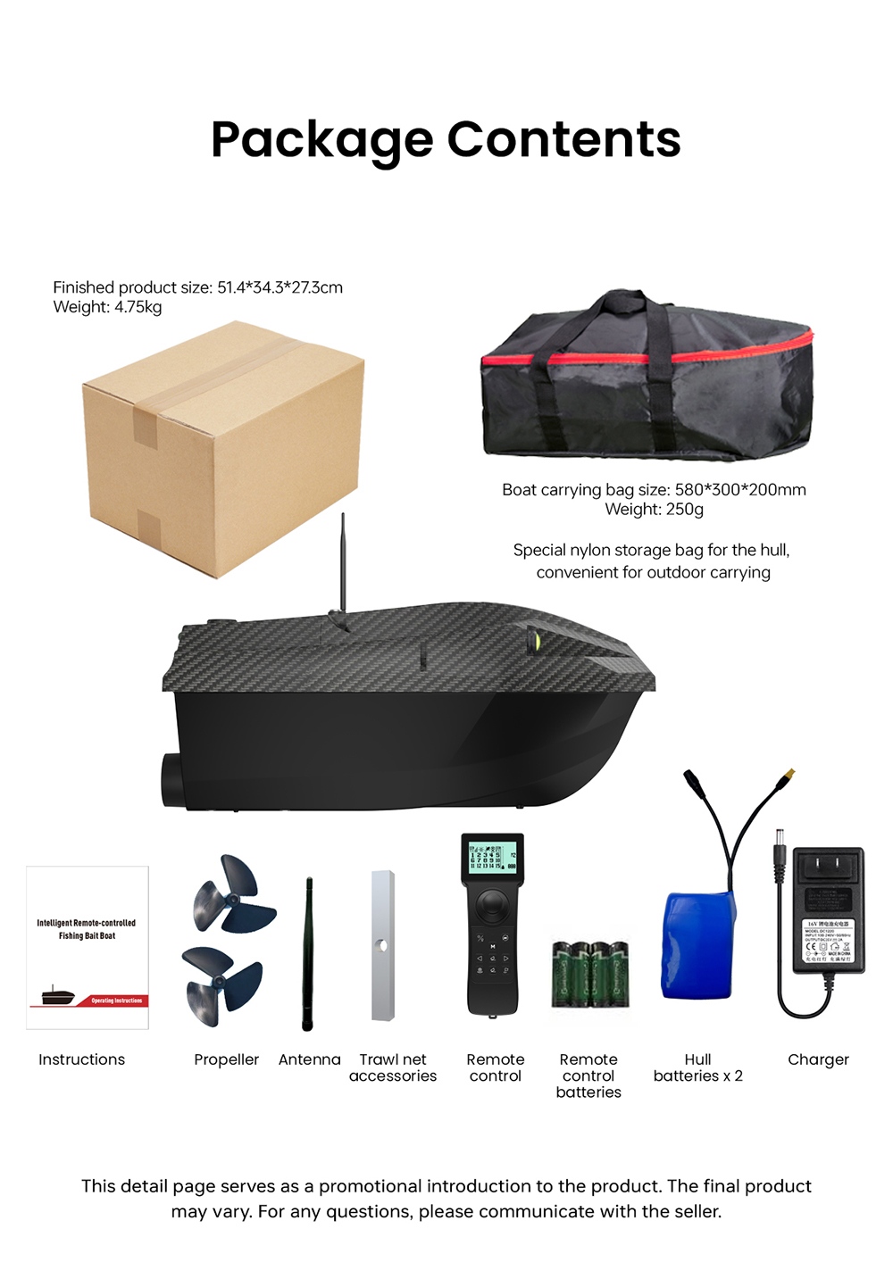 LOKEEVAN D50B GPS RC Fishing Bait Boat, 12V Dual High-Torque Motor, GPS + Beidou Positioning, 500m Remote Control, 2kg Bait Hopper, Dual 15600mAh Battery, Auto Return, Trawl Net & Drag Hook Support - Black