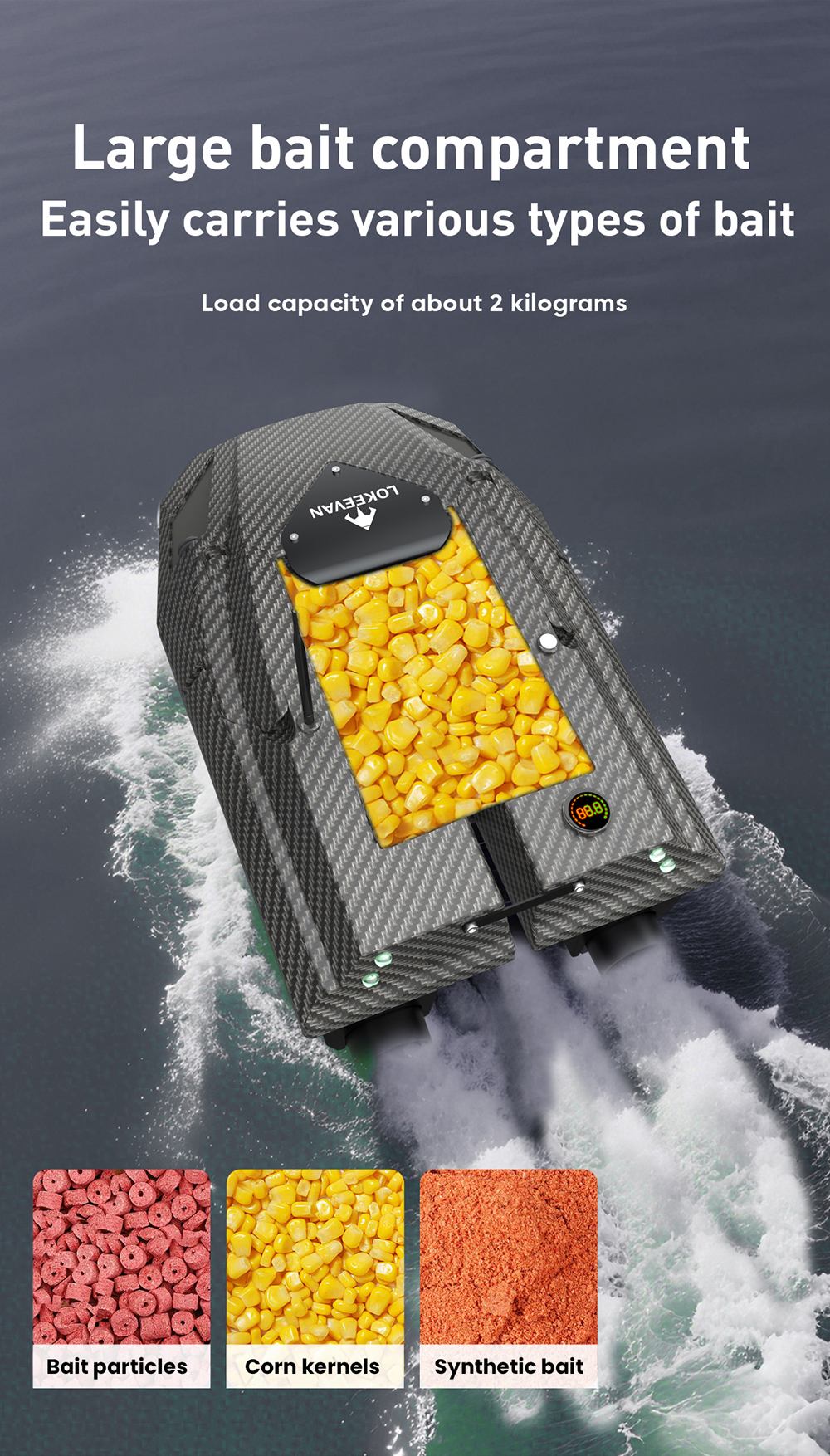 LOKEEVAN D50B GPS RC Fishing Bait Boat, 12V Dual High-Torque Motor, GPS + Beidou Positioning, 500m Remote Control, 2kg Bait Hopper, Dual 15600mAh Battery, Auto Return, Trawl Net & Drag Hook Support - Black