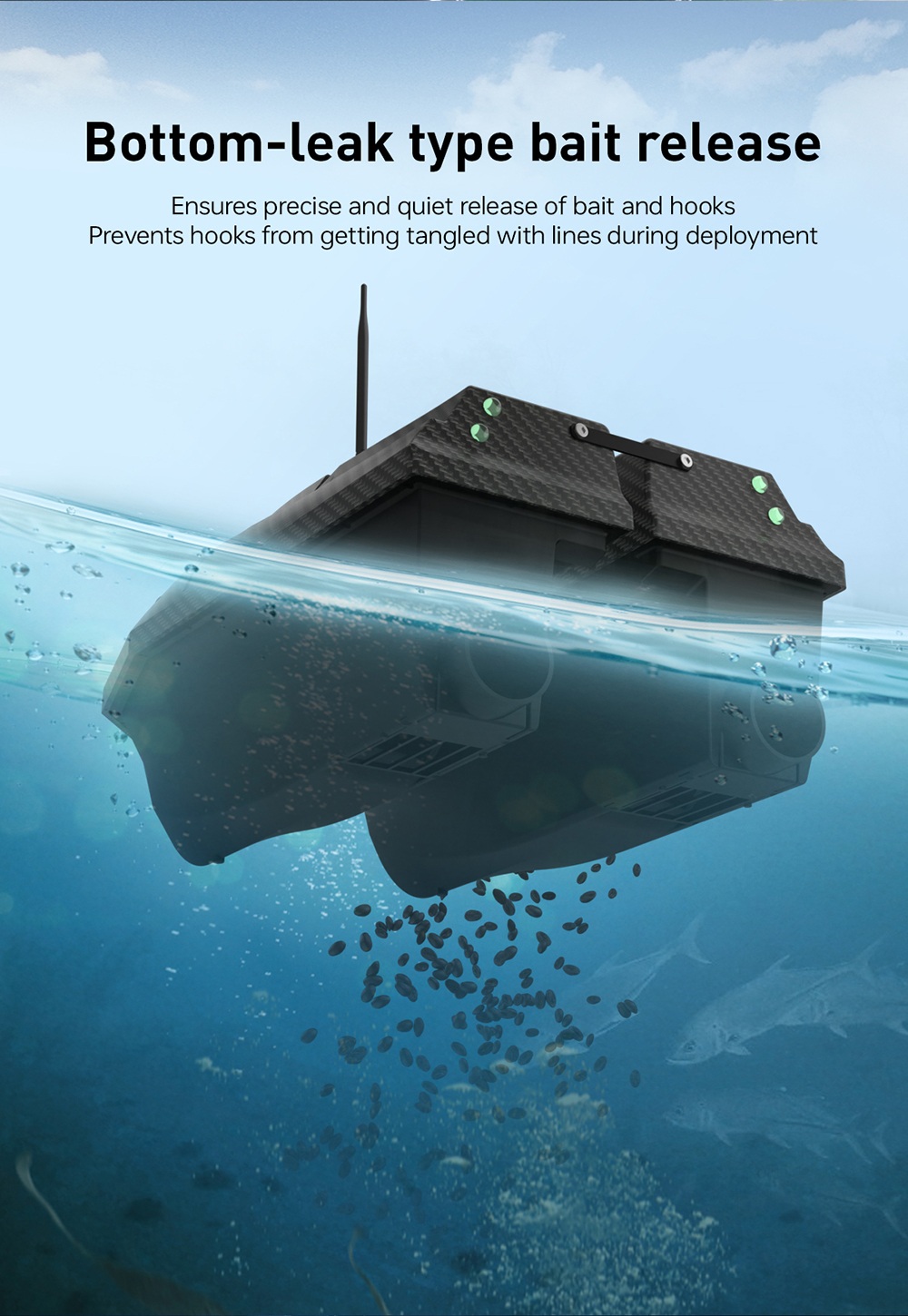 LOKEEVAN D50B GPS RC Fishing Bait Boat, 12V Dual High-Torque Motor, GPS + Beidou Positioning, 500m Remote Control, 2kg Bait Hopper, Dual 15600mAh Battery, Auto Return, Trawl Net & Drag Hook Support - Black