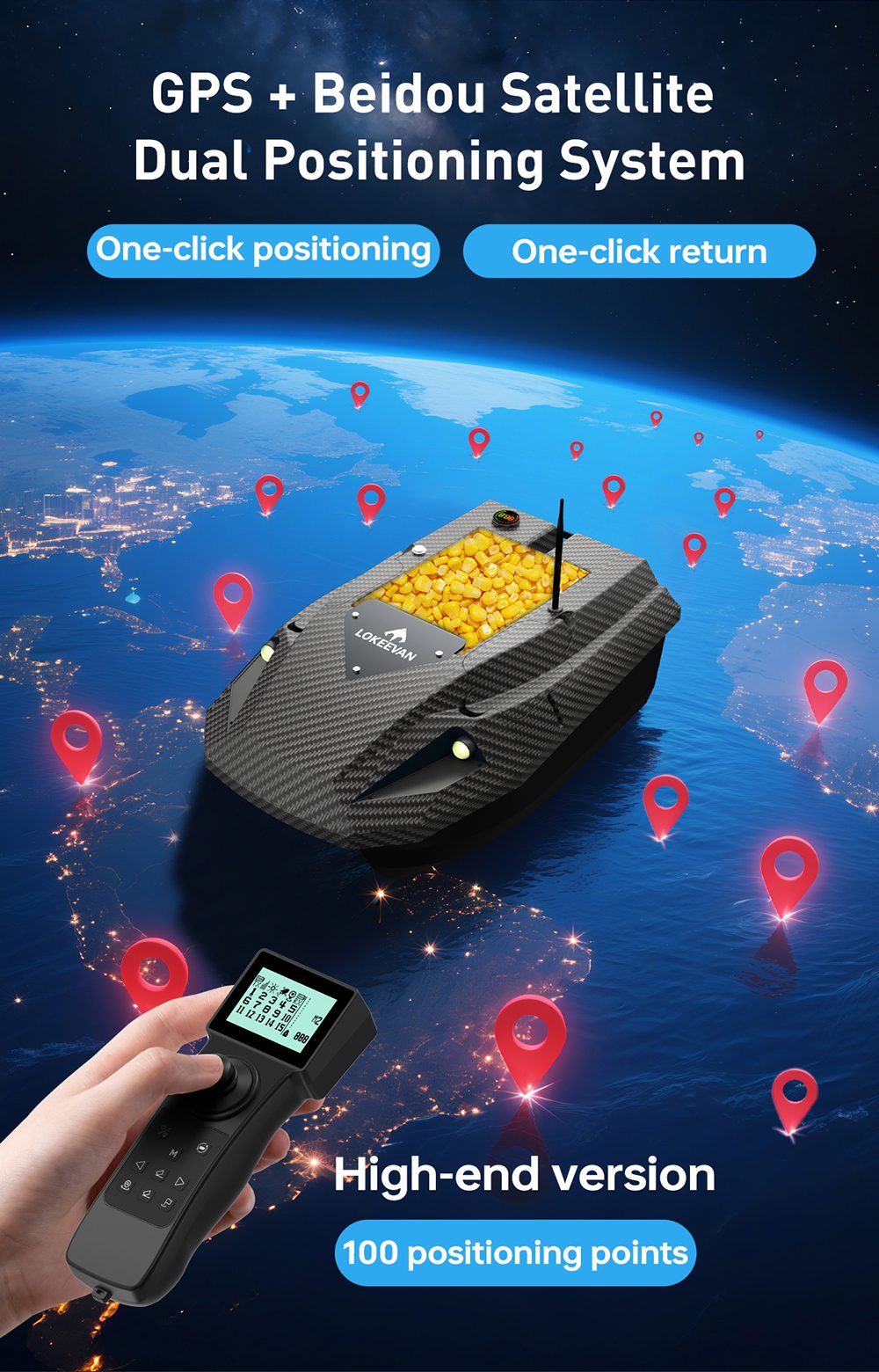 LOKEEVAN D50B GPS RC Fishing Bait Boat, 12V Dual High-Torque Motor, GPS + Beidou Positioning, 500m Remote Control, 2kg Bait Hopper, Dual 15600mAh Battery, Auto Return, Trawl Net & Drag Hook Support - Black