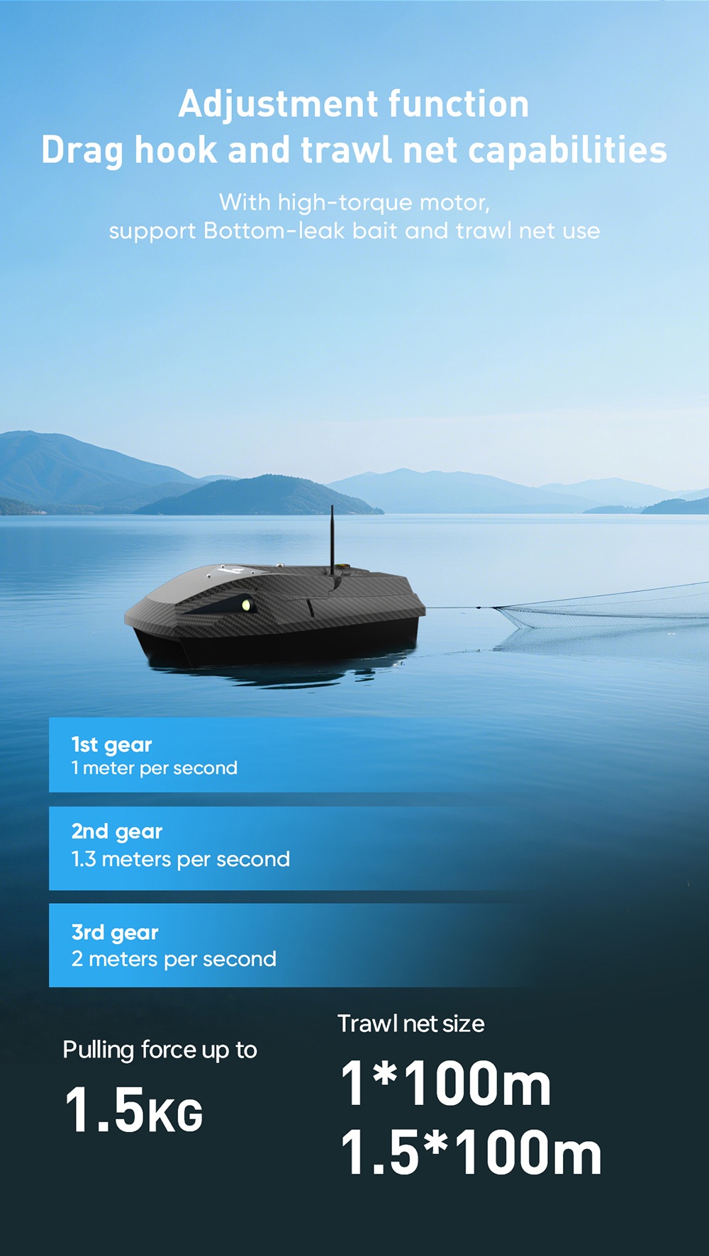 LOKEEVAN D50B GPS RC Fishing Bait Boat, 12V Dual High-Torque Motor, GPS + Beidou Positioning, 500m Remote Control, 2kg Bait Hopper, Dual 15600mAh Battery, Auto Return, Trawl Net & Drag Hook Support - Black