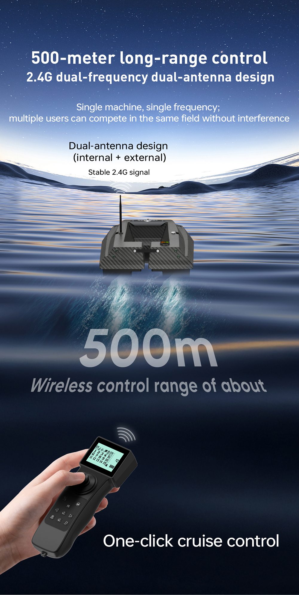 LOKEEVAN D50B GPS RC Fishing Bait Boat, 12V Dual High-Torque Motor, GPS + Beidou Positioning, 500m Remote Control, 2kg Bait Hopper, Dual 15600mAh Battery, Auto Return, Trawl Net & Drag Hook Support - Black