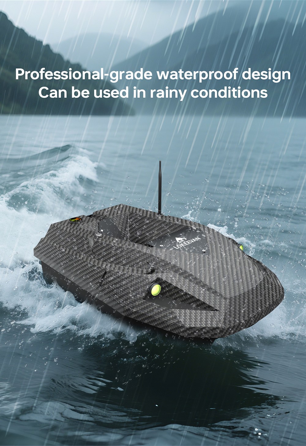 LOKEEVAN D50B GPS RC Fishing Bait Boat, 12V Dual High-Torque Motor, GPS + Beidou Positioning, 500m Remote Control, 2kg Bait Hopper, Dual 15600mAh Battery, Auto Return, Trawl Net & Drag Hook Support - Black